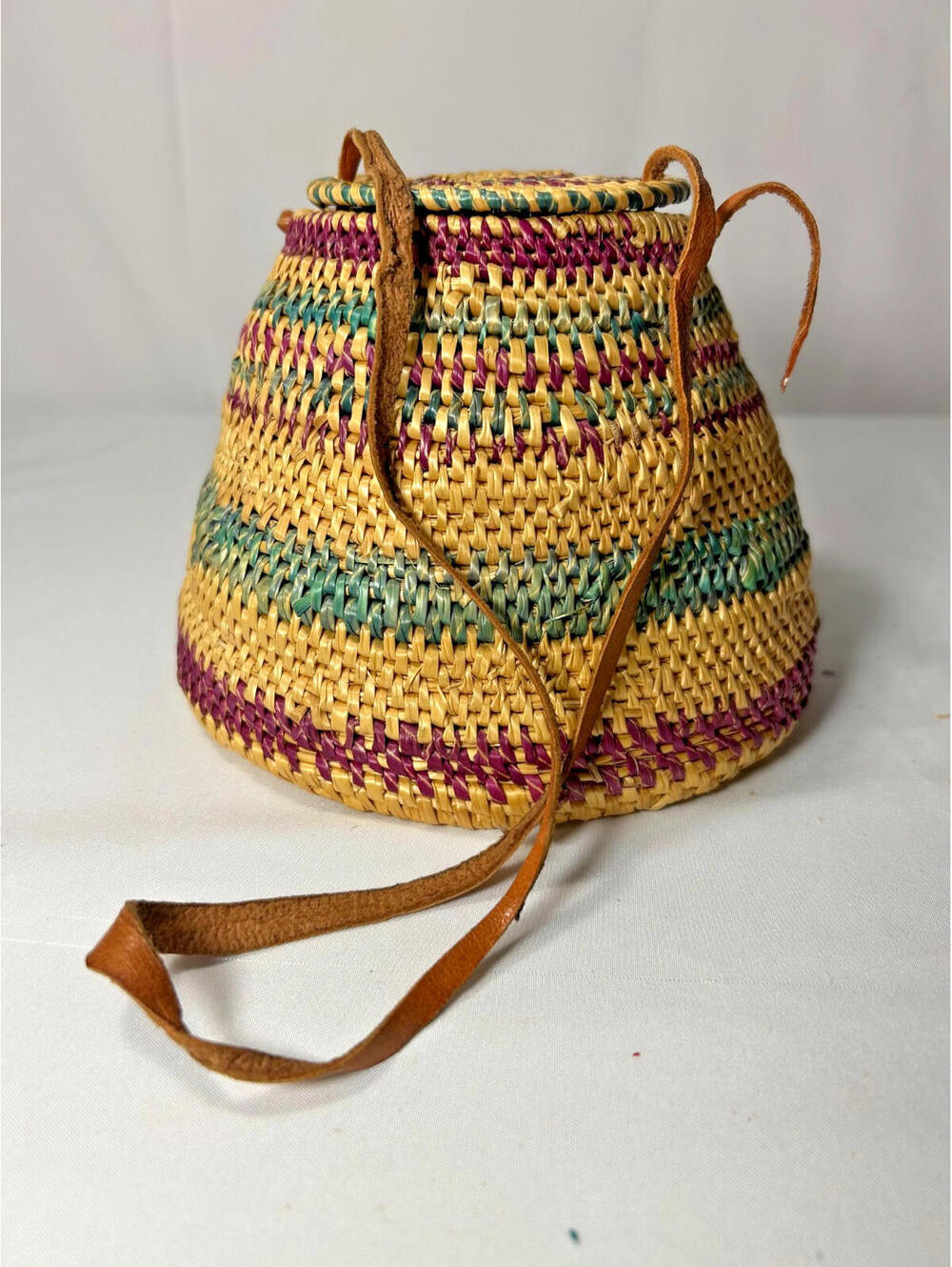 Vintage African Coiled Basket Purse Leather Straps Lidded Bolga Style Ghana